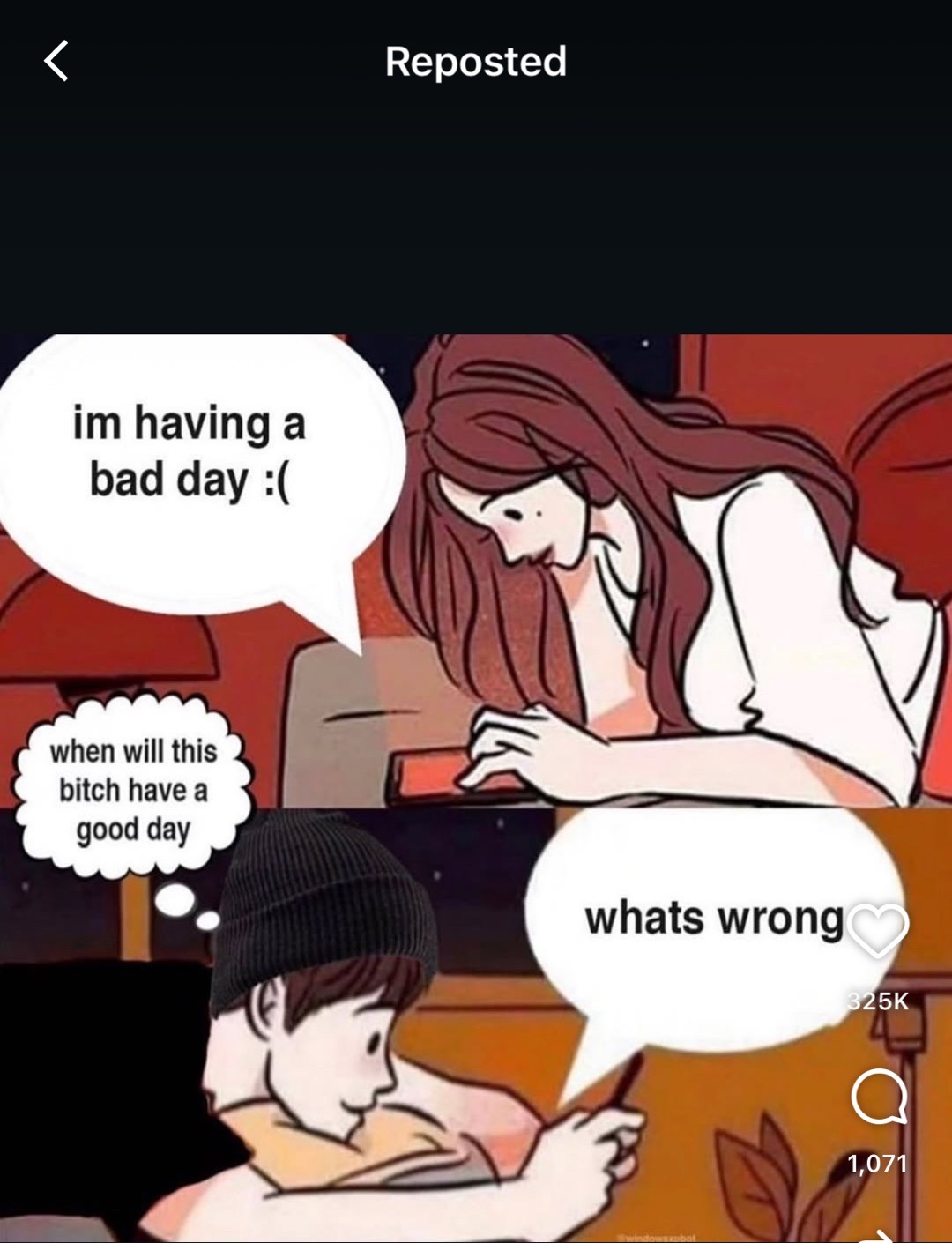 I got the ick today bc he reposted this on his instagram (we still follow each other). Lol.